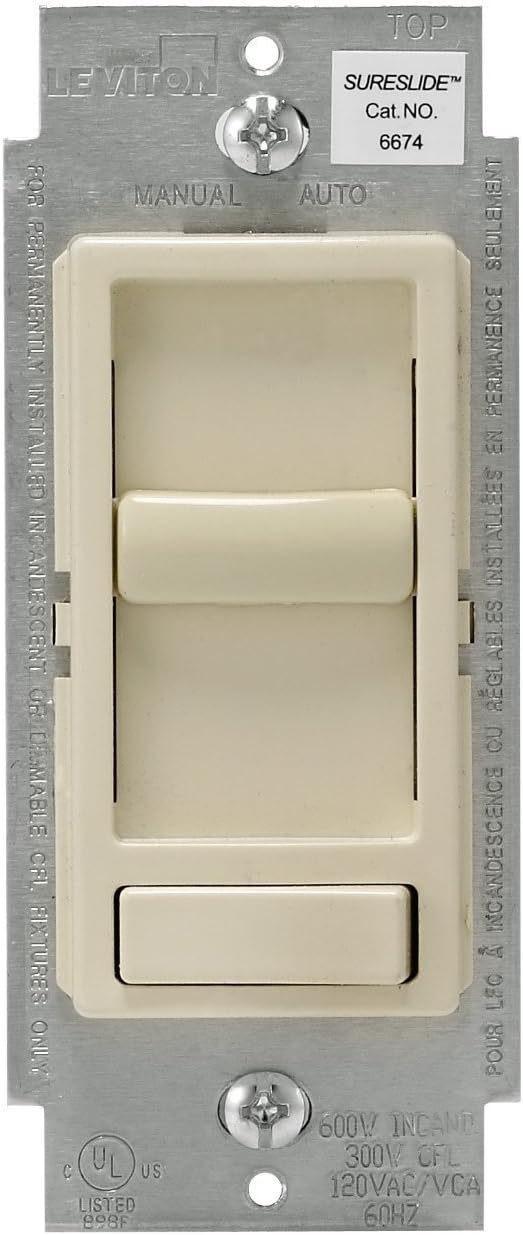 Leviton 6674-P0T SureSlide Universal 150-Watt LED and CFL/600-Watt Incandescent Dimmer, Light Almond