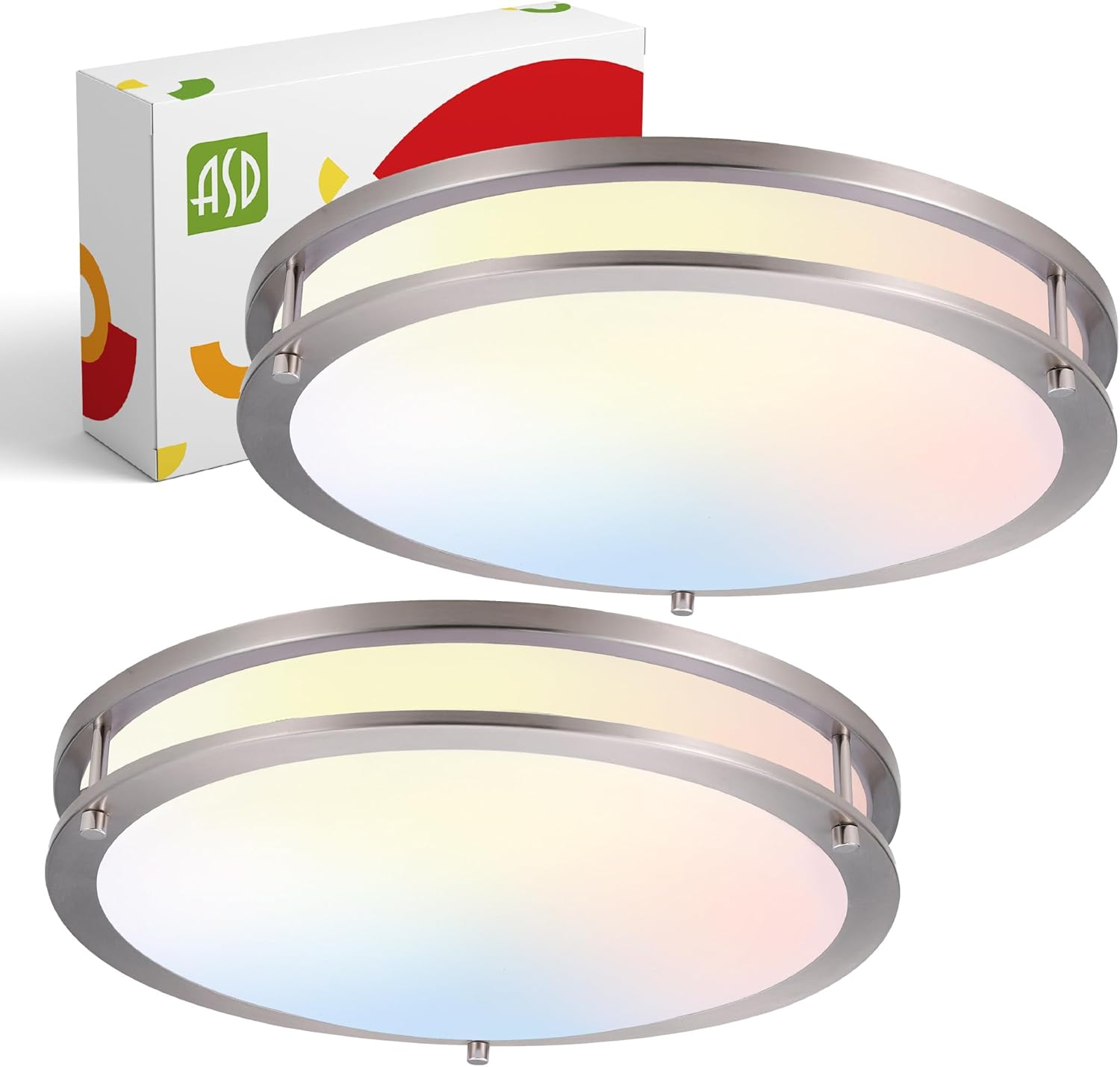 ASD LED 16 Inch Round Flush Mount Light Fixture | 24W 2150LM 3000K-5000K 100-277V | 3CCT, Dimmable, Energy Star, ETL Listed | Close to Ceiling Double Ring Lamp, Low Profile Lighting | Nickel, 2 Pack