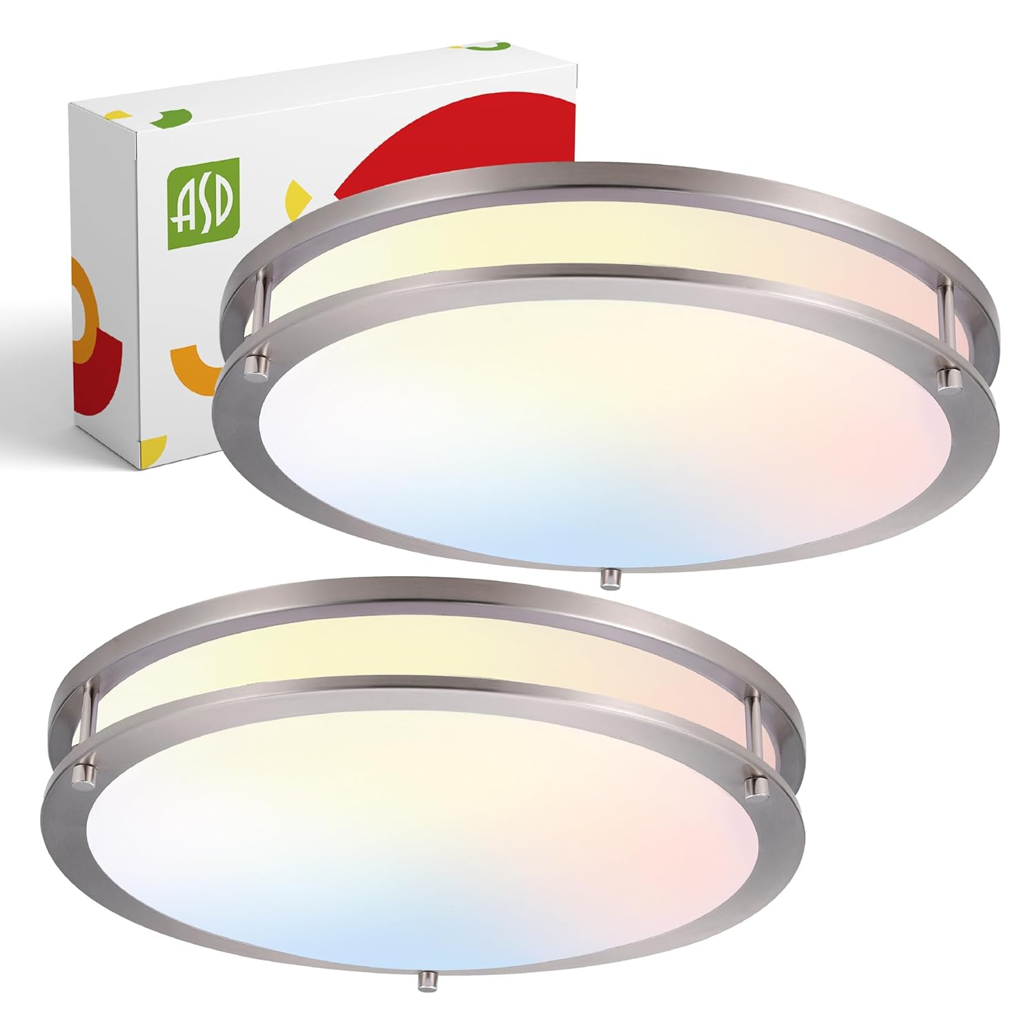 ASD LED 16 Inch Round Flush Mount Light Fixture | 24W 2150LM 3000K-5000K 100-277V | 3CCT, Dimmable, Energy Star, ETL Listed | Close to Ceiling Double Ring Lamp, Low Profile Lighting | Nickel, 2 Pack