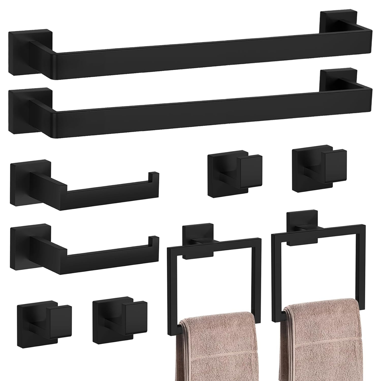 10-Pieces Matte Black Bathroom Accessories Set, 23.6 Inch Bath Towel Bar Set, SUS 304 Stainless Steel Bathroom Hardware Set, Towel Racks for Bathroom Wall Mounted.