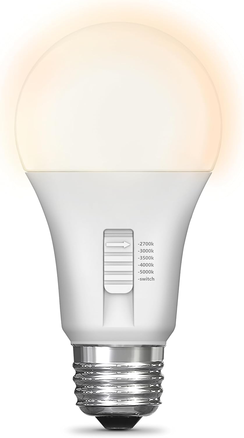 Feit Electric A19 LED Light Bulb, 60W Equivalent, 5CCT, Dimmable, E26 Medium Base, 90 CRI, 800 Lumens, Adjustable White, 22 Years Lifetime, 4 Pack, OM60DM/5CCT/4