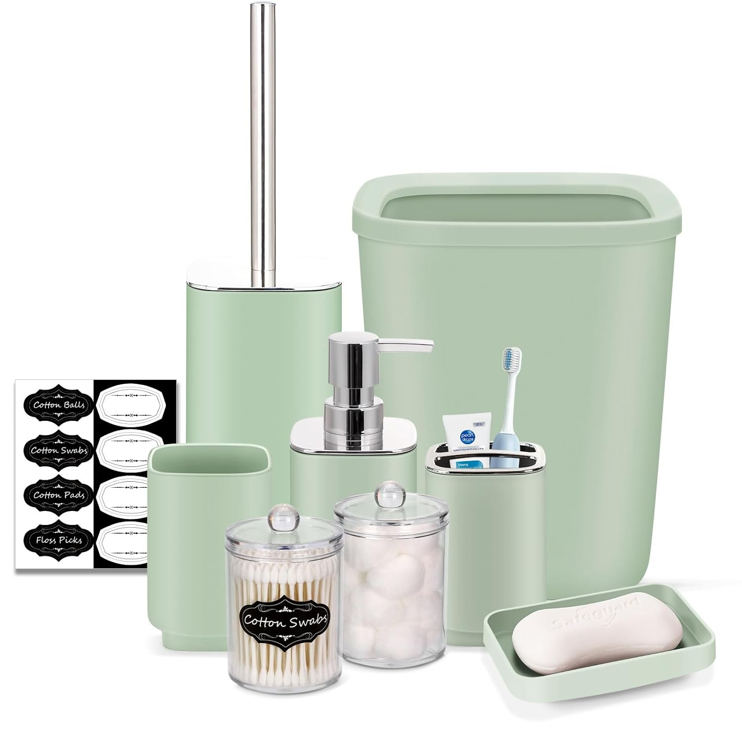 Green Plastic 9-Piece Bathroom Accessories Set with Labels