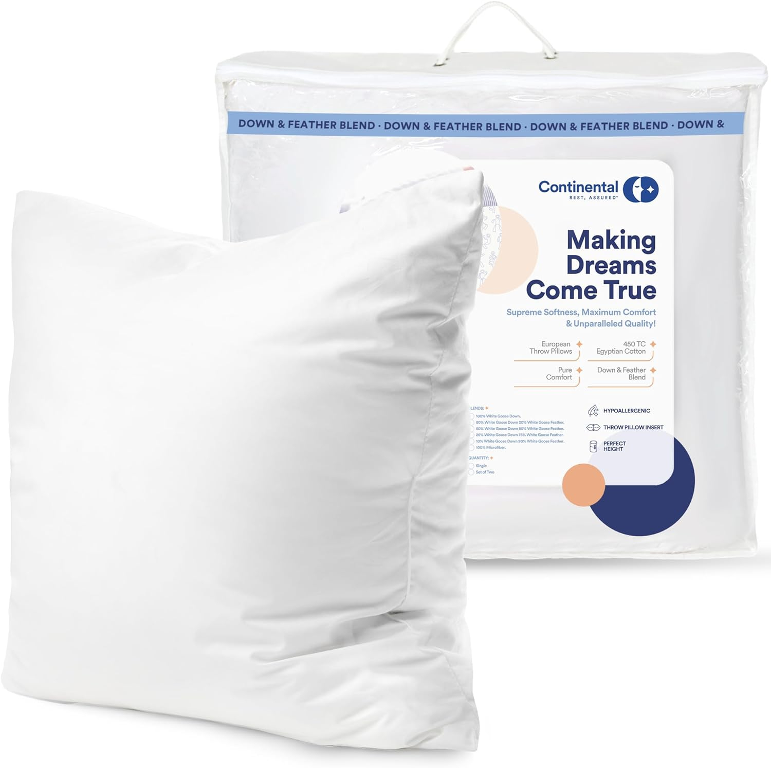 Continental Bedding Decorative Throw Pillow 100% White Goose Down, 24x24 inch