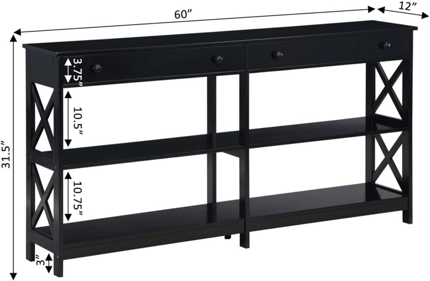 Convenience Concepts Oxford 2 Drawer 60 inch Console Table with Shelves, Black