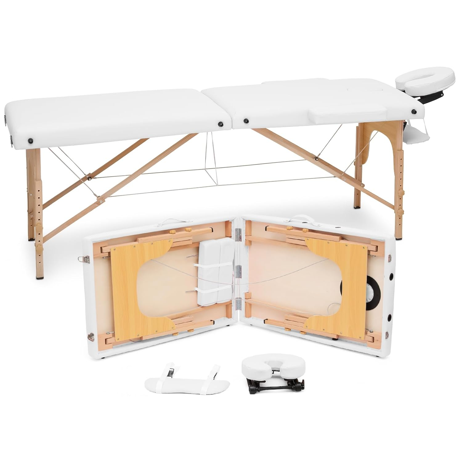 MoNiBloom Portable Massage Table Spa Bed, 24.5" to 33.5" Height Adjustable Two Fold Massage Bed / Facial Salon Tattoo Bed with Carry Bag for Beauty Salon and Family, Beechwood, White