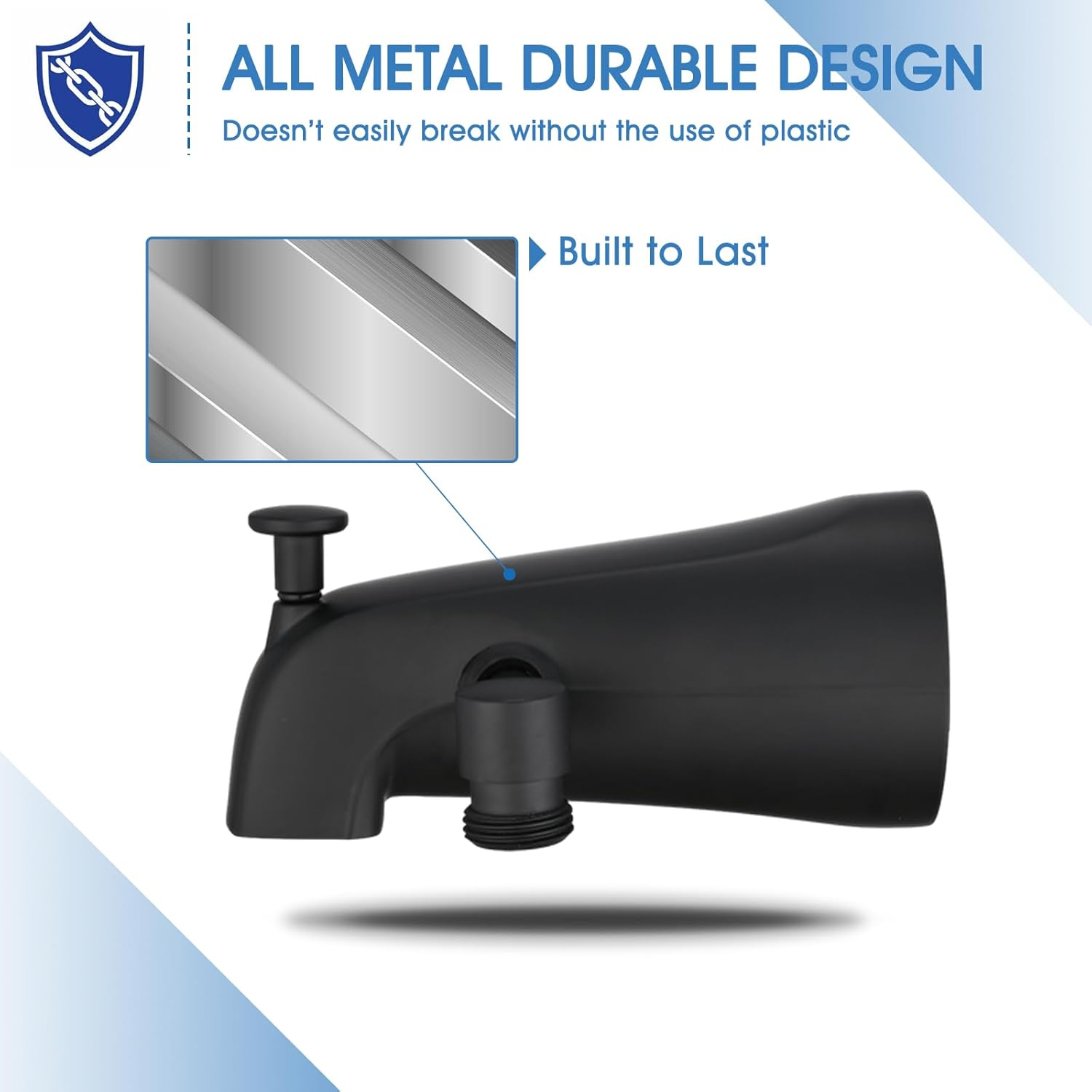 All Metal Tub Spout with Diverter Matte Black, Fits Threaded 1/2" or 3/4" IPS, Tub Faucet with Shower Diverter