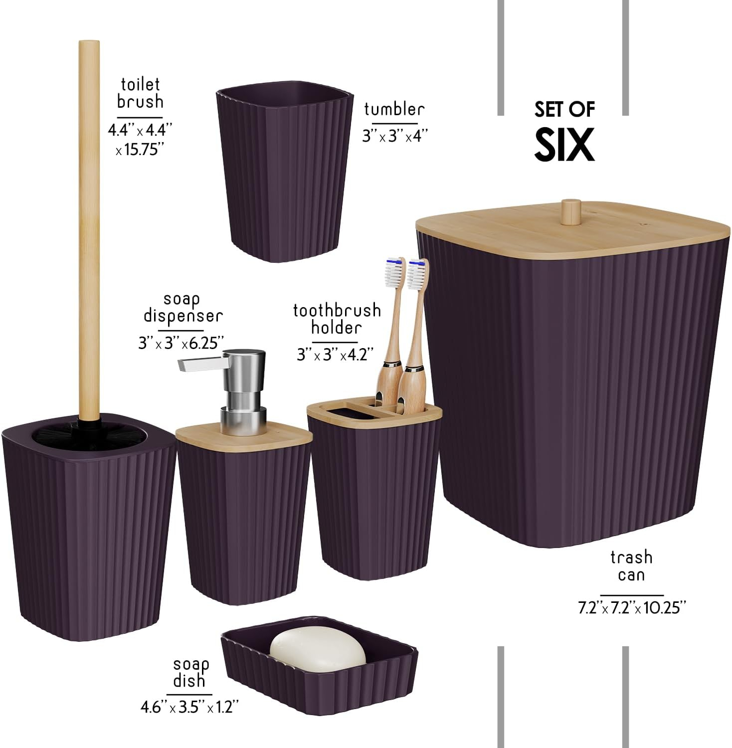 Clara Clark Bathroom Set - Purple Bathroom Accessories Set, 6PC Bathroom Accessory Set, Bathroom Sets with Toilet Brush, Trash Can & Soap Dispenser
