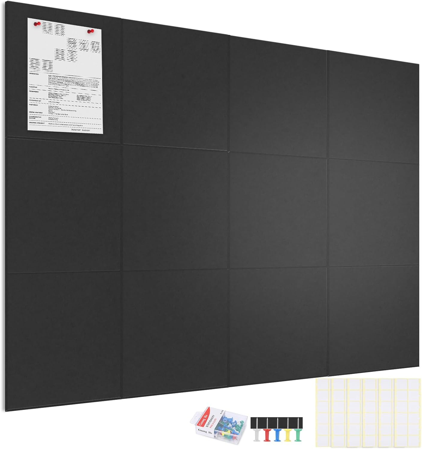 Large Cork Board Alternative 48" x 36", Black Bulletin Board, 12 Pack Felt Wall Tiles With 50 Pushpins, Pin Board Tack Board for Office (Dark Blue)