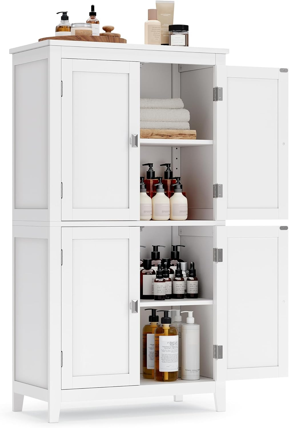 VASAGLE Bathroom Floor Storage Cabinet, Bathroom Storage Unit, Freestanding Cabinet with 4 Doors, Adjustable Shelves, 11.8 x 23.6 x 43.3 Inches, White UBBC552P31