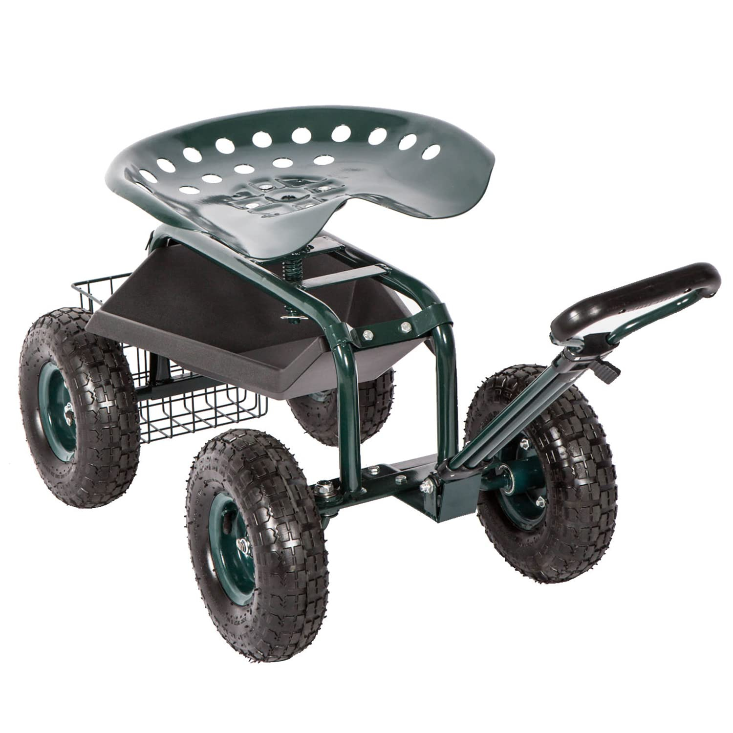 Rolling Garden Cart Scooter Stool - Garden Seat with Wheels Garden Cart with Seat, Adjustable Handle 360 Degree Swivel (Green)