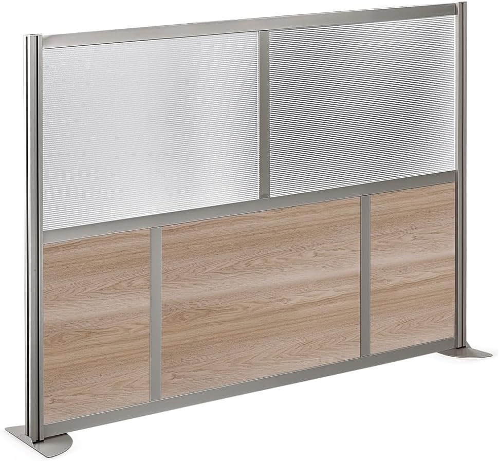At Work Room Divider Privacy Partition 73"W Warm Ash Laminate and Plexiglas Inserts/Brushed Nickel Finish Aluminum and Steel Frame