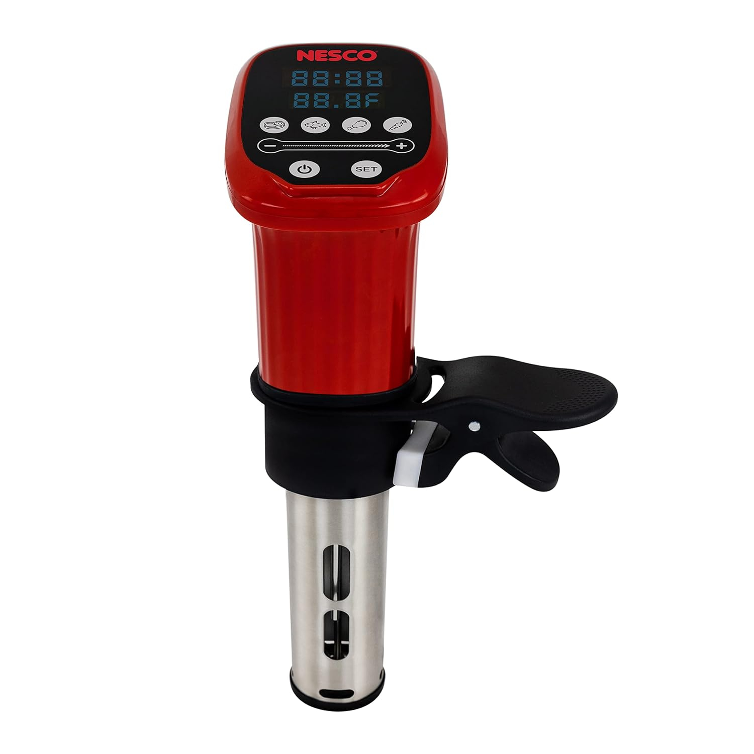 Nesco SVC-1000 Sous Vide Precision Cooker with Digital Display and Pre-Programmed Cooking Options for Meat, Fish, Chicken and Vegetables, 1000 Watts, Red and Black