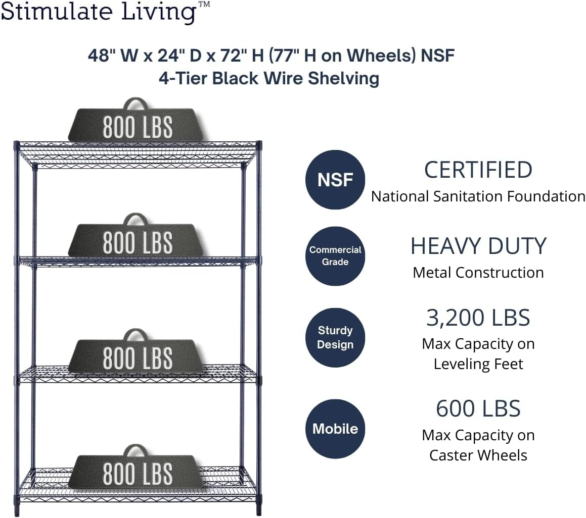 48"x24"x72" Prime Heavy Duty Black 4-Tier Wire Shelving NSF 3200 LBS MAX Capacity Storage Rack for Commercial, Hospital, School, Garage, and Kitchen Uses (with Wheels)