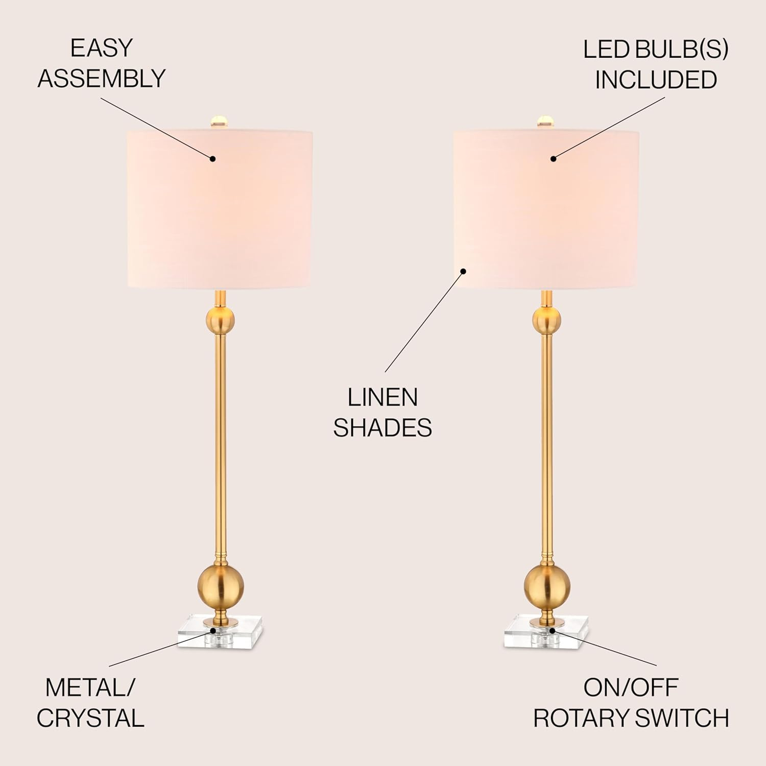 JONATHAN Y JYL2010A-SET2 Set of 2 Table Lamps Hollis 34" Metal LED Table Lamp Modern Contemporary Glam Bedside Desk Nightstand Lamp for Bedroom Living Room Office College Bookcase, Brass