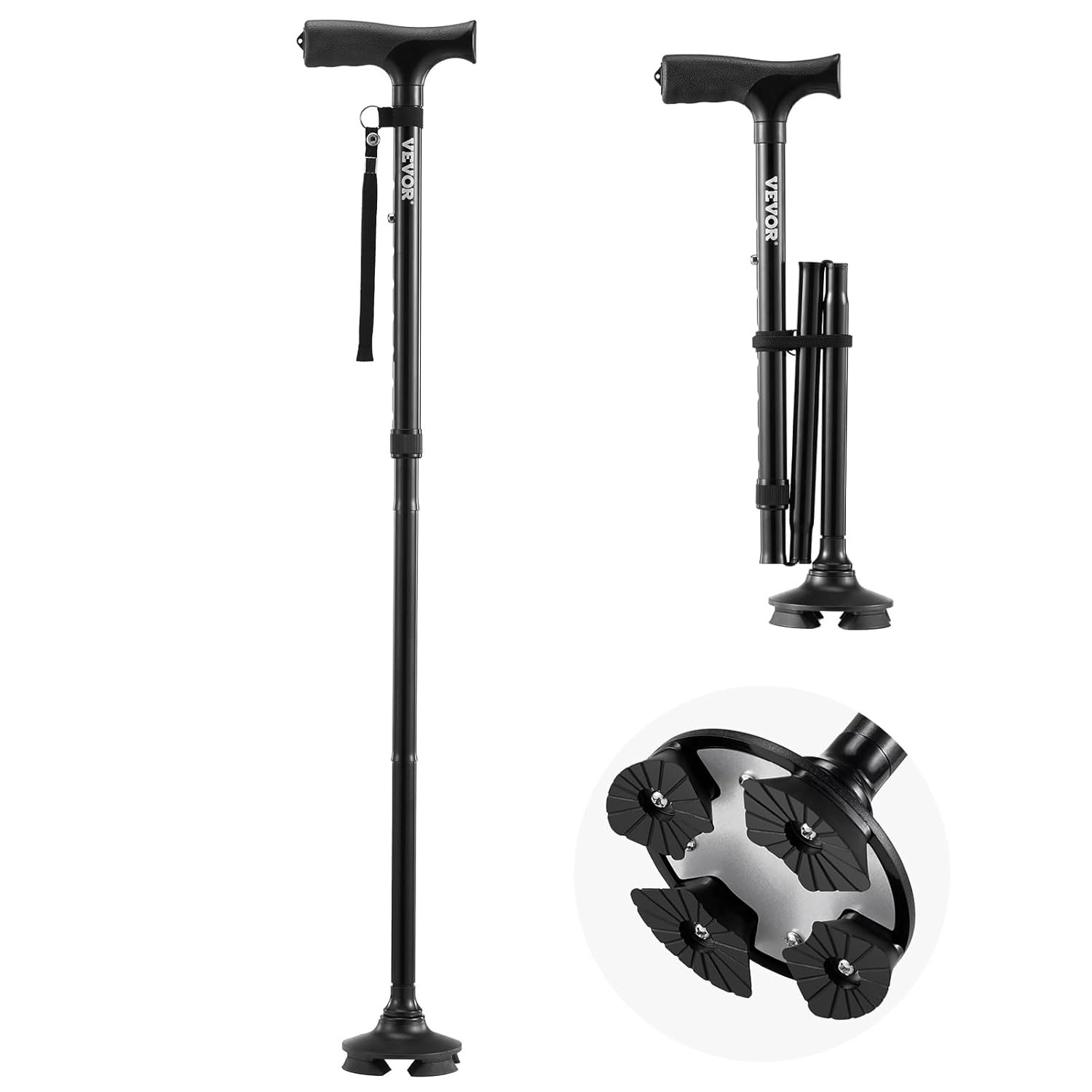 VEVOR Walking Cane for Man Woman, Folding Walking Stick with 8-Level Adjustable Height, 4-Pronged Pivoting Base, Lightweight & Portable Aluminum Mobility Aid for Seniors Adults, 250LBS Loading(Black)