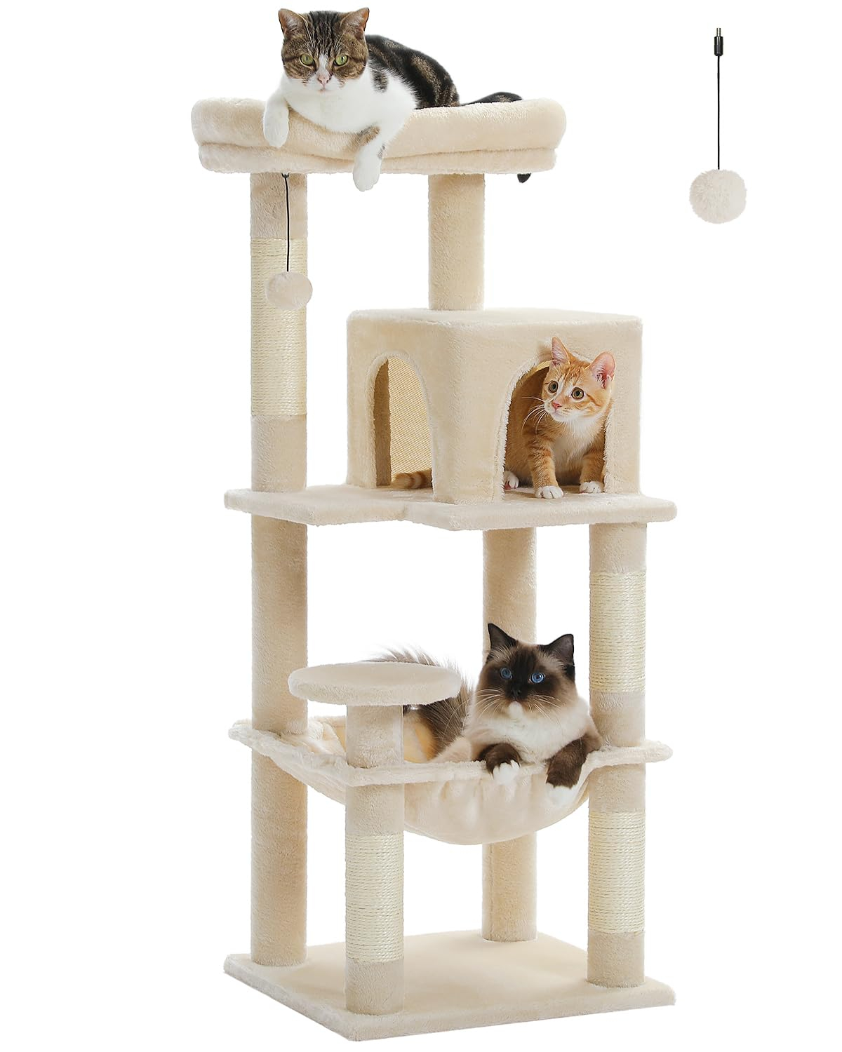 Cat Tree for Indoor Cats, 45.7" Multi-Level Cat Tower with Large Metal Frame Hammock, Cat Condo with 4 Scratching Posts and Top Perch for Small Medium Cat, Beige