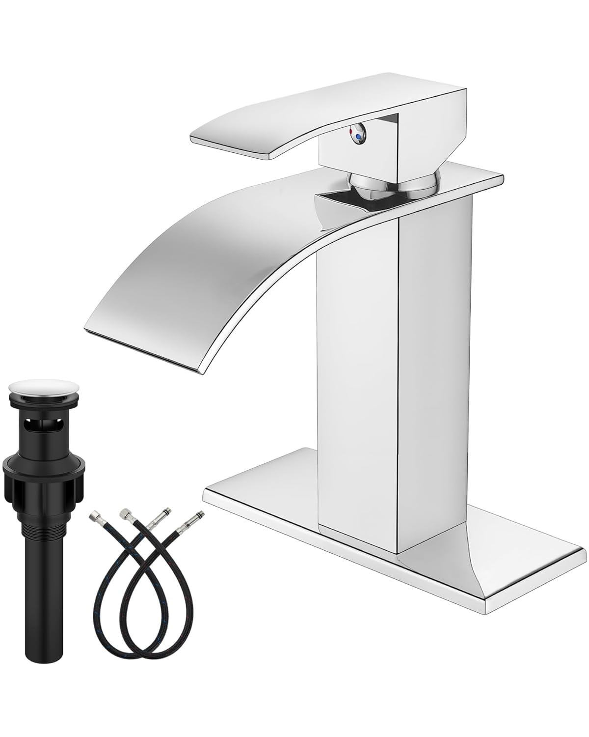 Midanya Waterfall Spout Bathroom Faucet Single Handle 1 Hole Bathroom Sink Faucet,Modern RV Lavatory Vanity Basin Tap with Water Hose,Short Body,Polish Chrome
