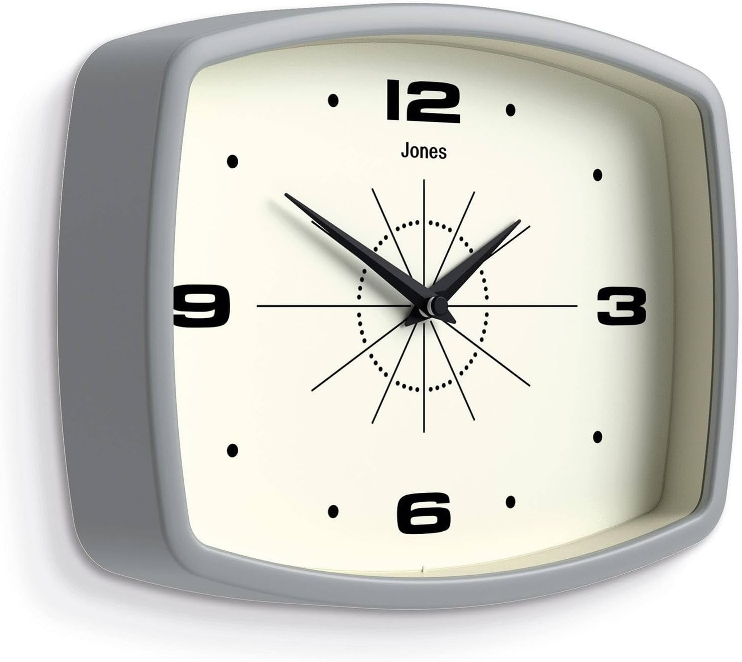 JONES CLOCKS® Movie Wall Clock | Rectangular Retro Clock | 10 inch | Grey | Cool mid-Century Designer Look for Kitchen, Living Room or Office