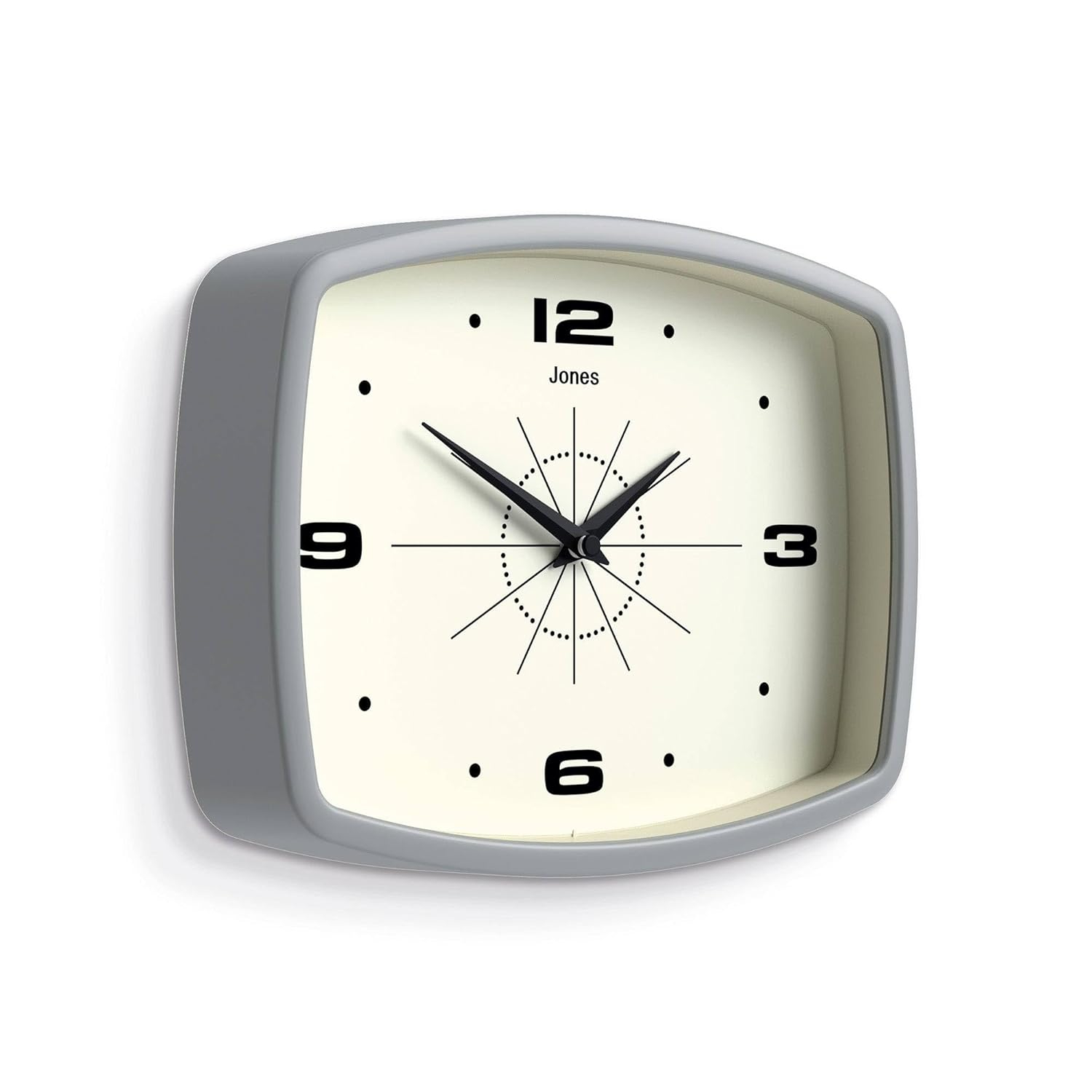 JONES CLOCKS® Movie Wall Clock | Rectangular Retro Clock | 10 inch | Grey | Cool mid-Century Designer Look for Kitchen, Living Room or Office