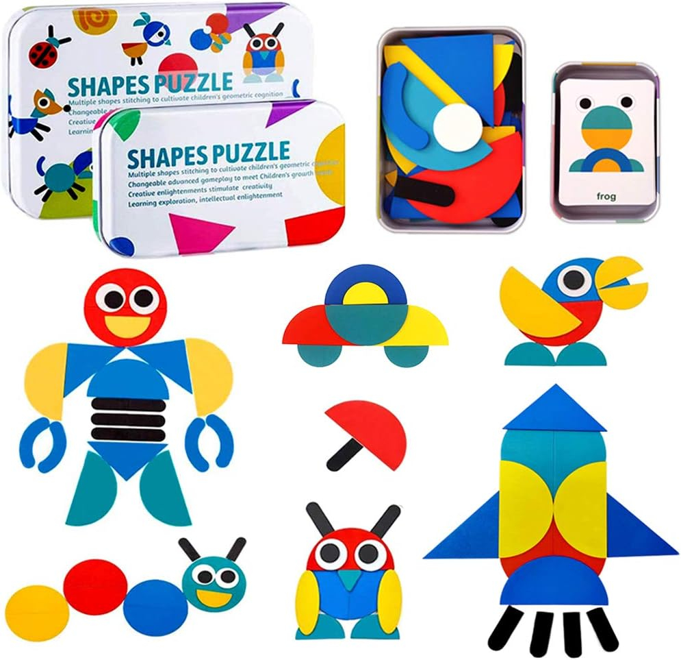 Tangram Shape Puzzle - Wooden Pattern Blocks Animal Jigsaw Color Sorting Stacking Game Preschool Montessori Learning Toys Brain Teaser STEM Gift for 3 4 5 Years Old Toddler Kid (60 Pattern Cards)