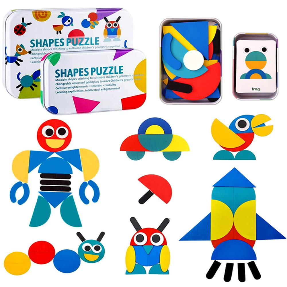 Tangram Shape Puzzle - Wooden Pattern Blocks Animal Jigsaw Color Sorting Stacking Game Preschool Montessori Learning Toys Brain Teaser STEM Gift for 3 4 5 Years Old Toddler Kid (60 Pattern Cards)