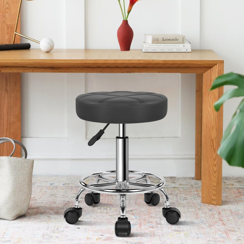 Round Rolling Stool with Footrest PU Leather Height Adjustable 360° Swivel Stool with Wheels Office Stool Chair Home Drafting Work Studio Shop SPA Salon Small (Grey)