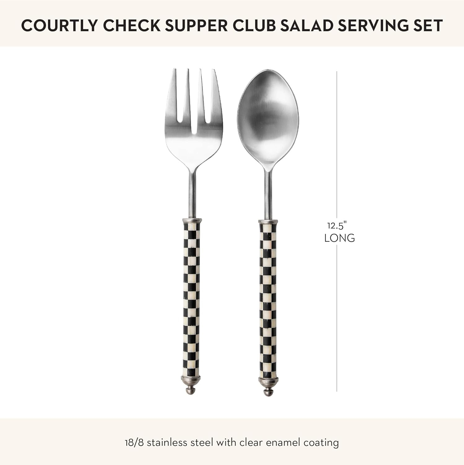 Black and White Checkered Stainless Steel Salad Serving Set