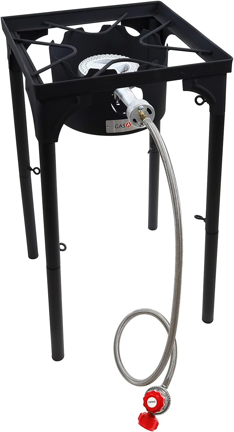 GasOne Propane Single Burner Camp Stove & Red QCC Braided Stainless Steel Regulator with Height