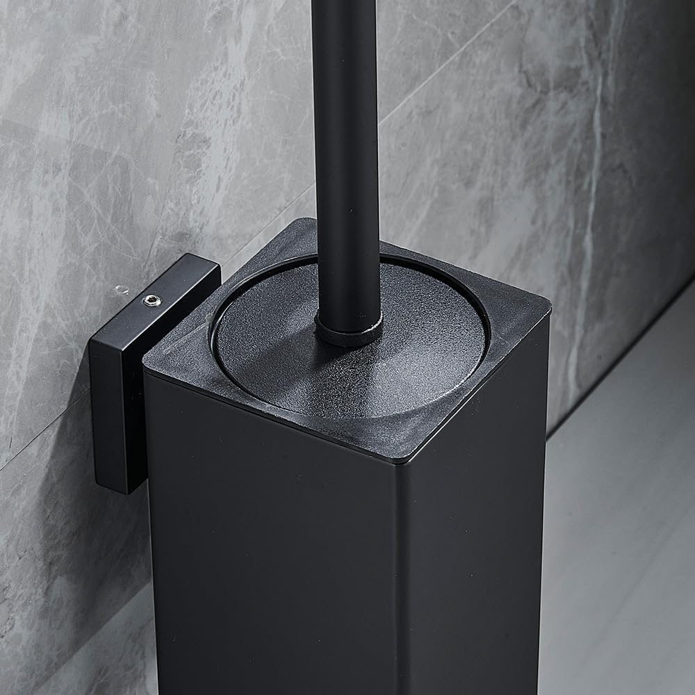 Stainless Steel Toilet Brush & Holder,Wall-Mounted, long handle,Square Toilet Brush Set,Heavy Duty Cleaner for Bathroom, with Removable Plastic Brush (Black)