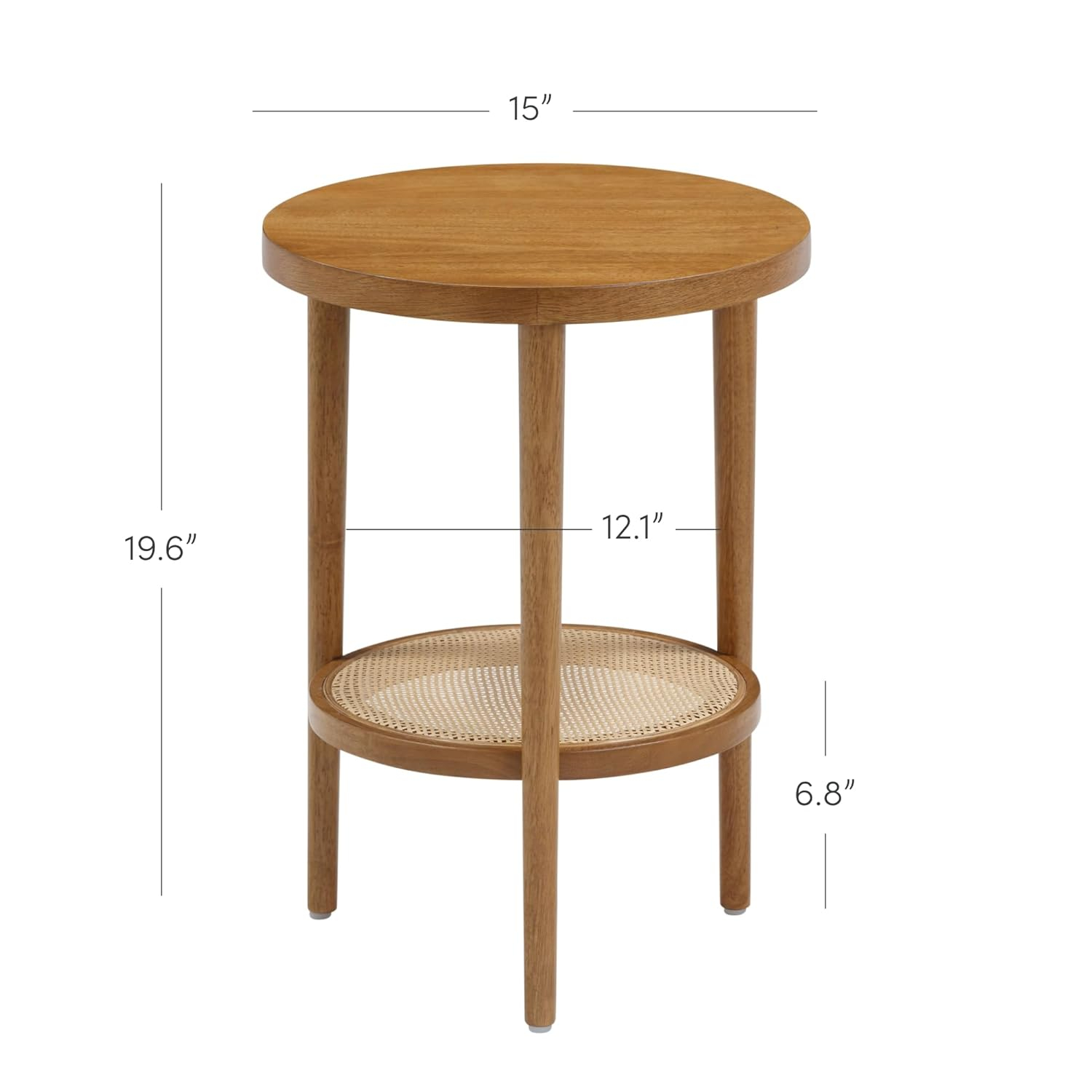 Nathan James Sonia Boho Round Wood Side Table with Storage, Natural Sofa Side Table in Honey Brown with Rattan Storage Shelf for Living Room, Bedroom or Nursery