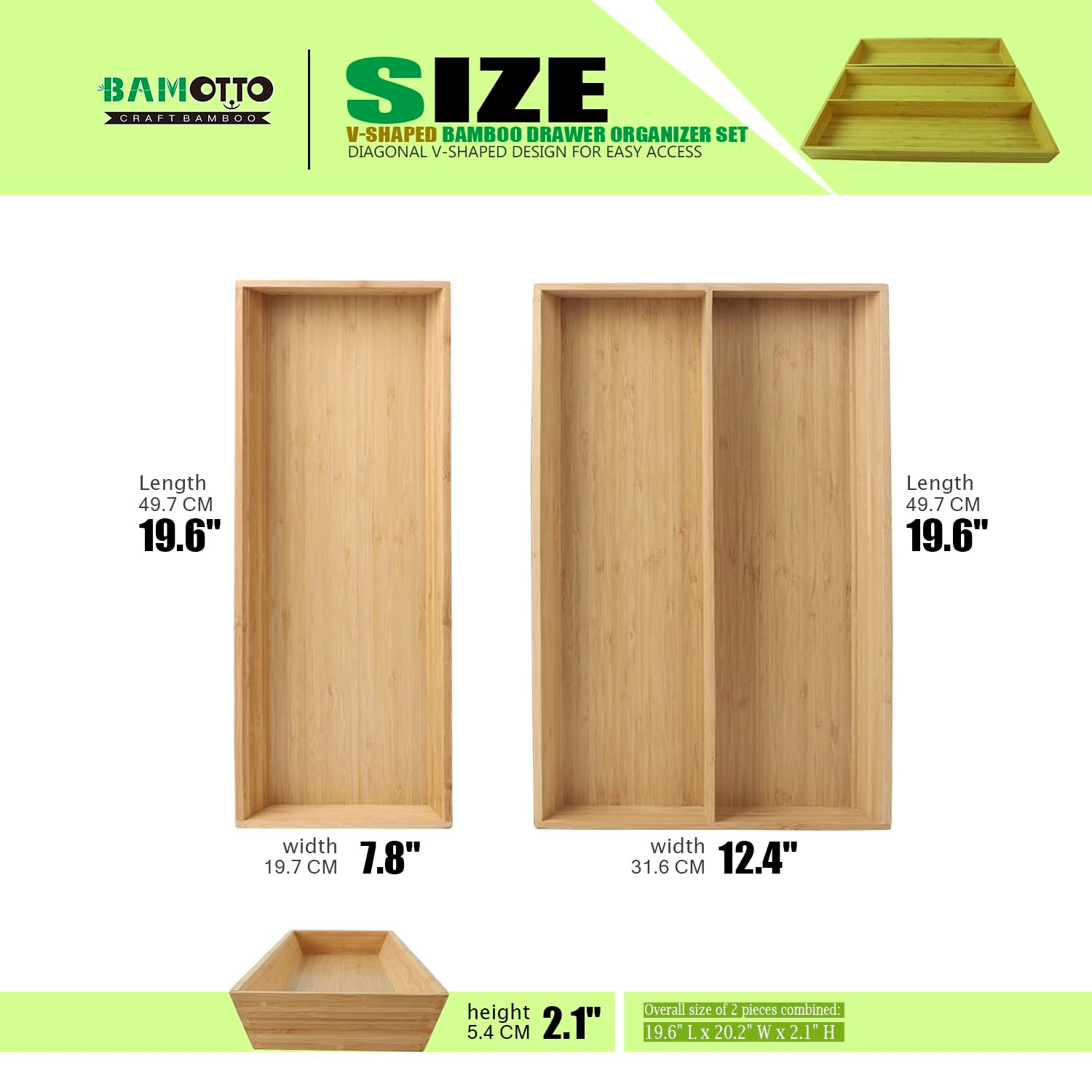 2-Piece V-Shaped Bamboo Drawer Organizer - Ideal for Kitchen's Large Long Tableware, Cooking Utensils, Flatware, Silverware - Wood Storage Box for Home, Bedroom, Bathroom (19.6"x12.4" & 19.6"x7.8")