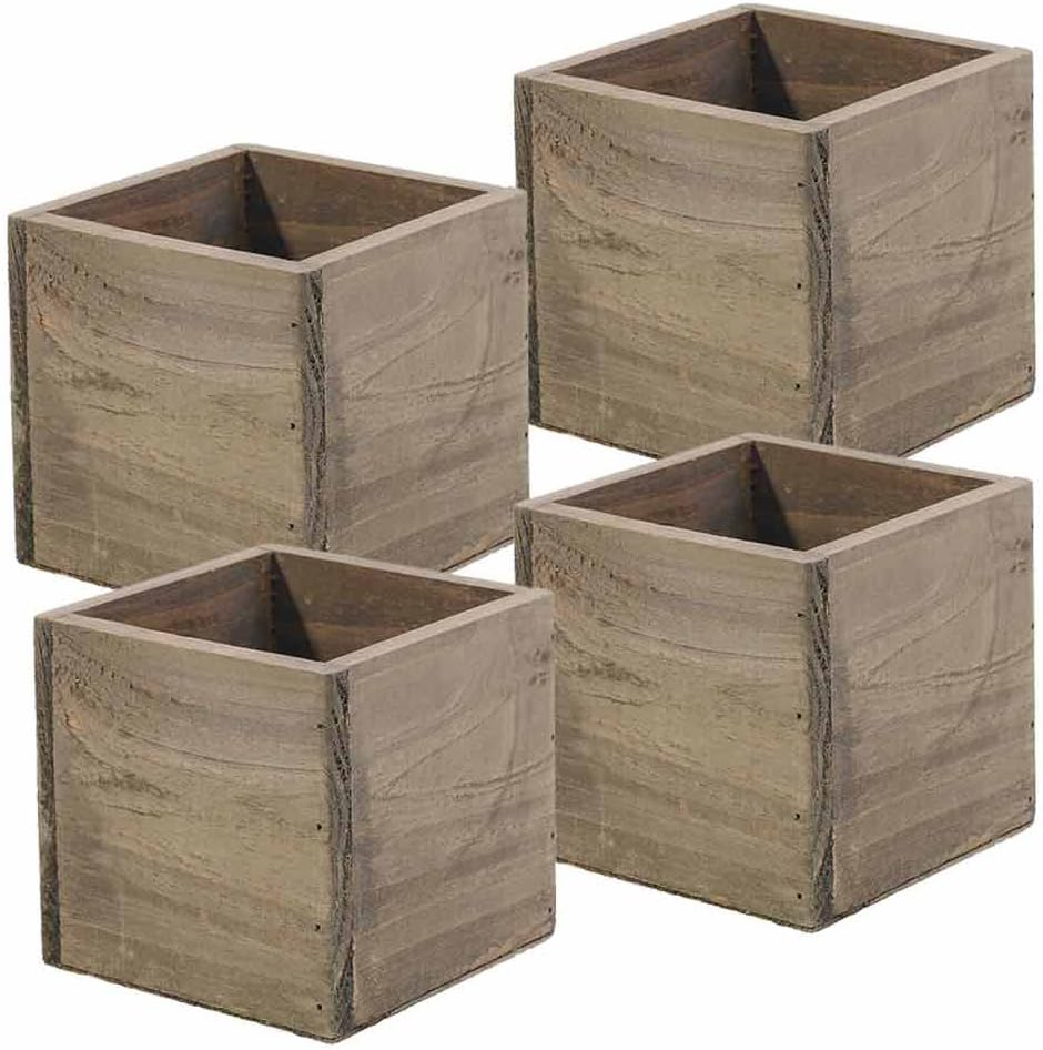 Wood Planter Box, 5 Inch Square, Rustic Barn Wood, Plastic Liner, Garden Centerpiece Display, Wedding Flowers Holder, Home and Venue Decor, (Set of 4)