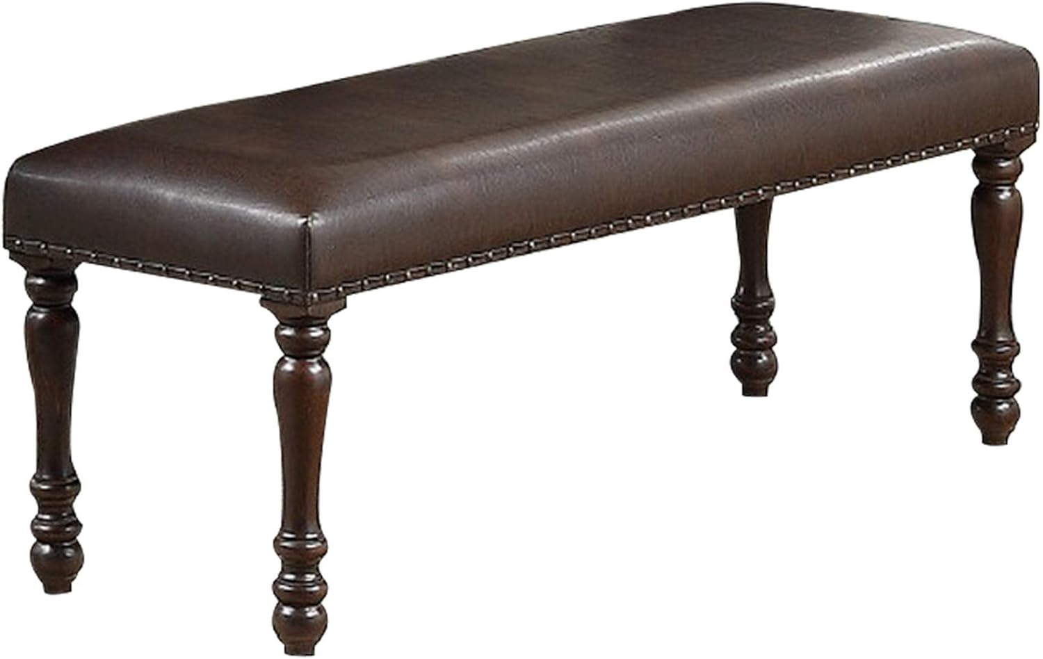 Nailhead Trim Faux Leather Dining Bench with Turned Legs Brown - Saltoro Sherpi
