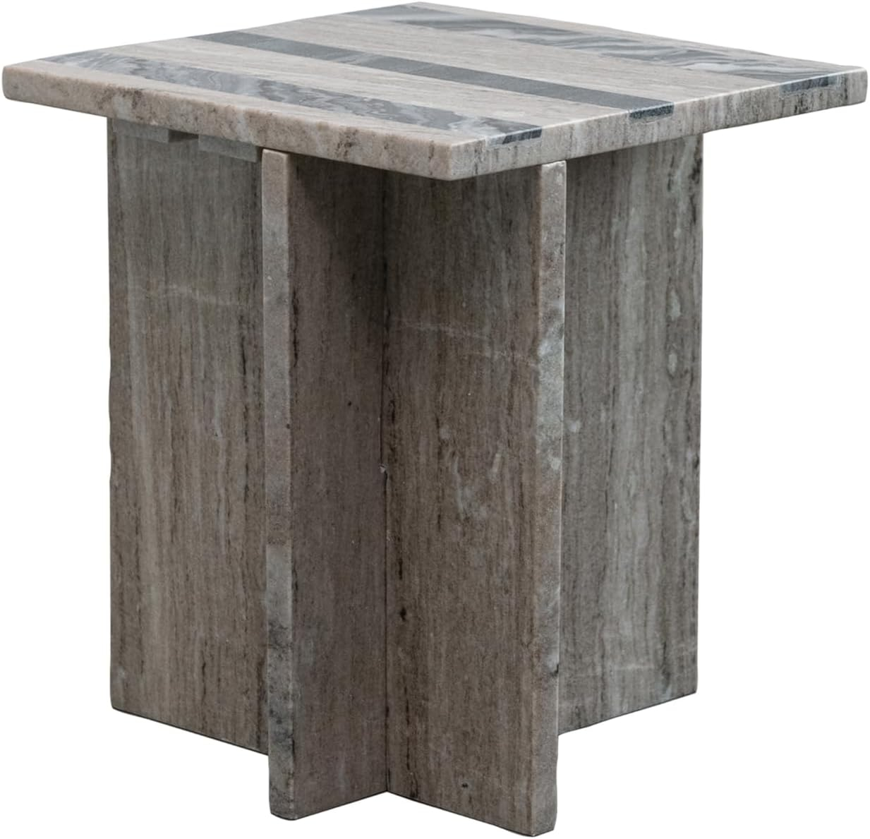 Bloomingville Marble Side Table with Stripes and Interlocking Base, Buff and Black Mélange