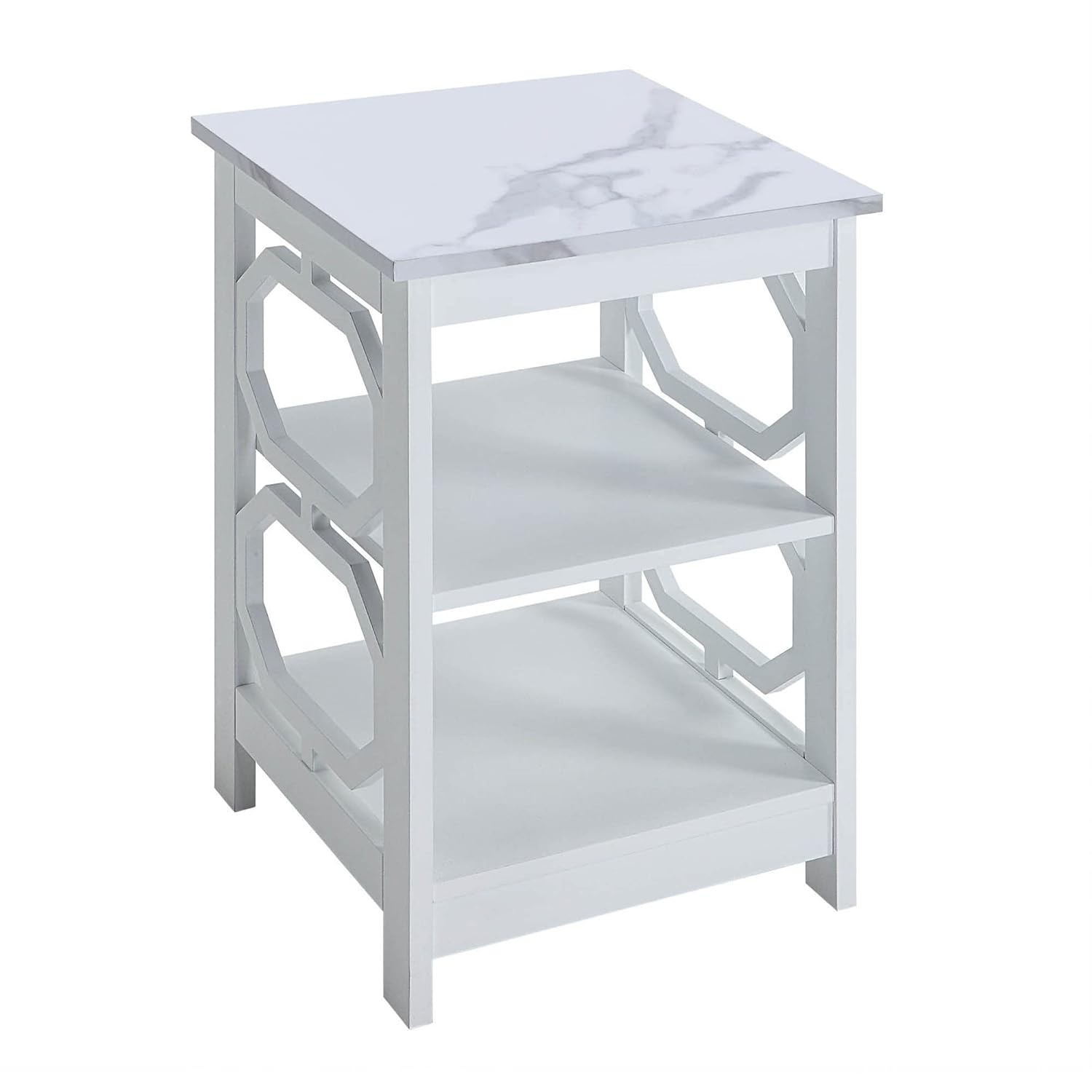 Convenience Concepts Omega End Table with Shelves, White Faux Marble/White
