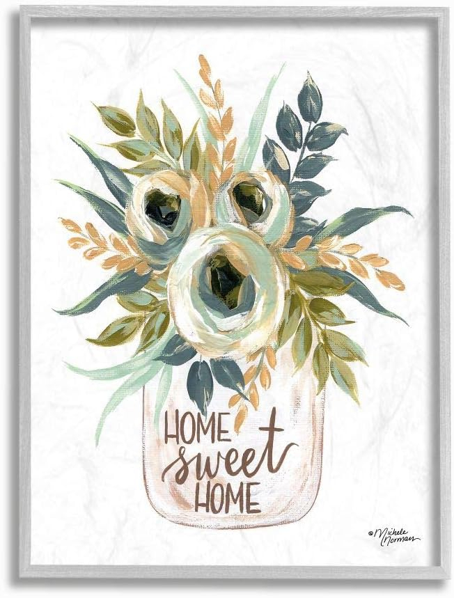 Home Sweet Home Floral Print on Canvas with Gray Frame