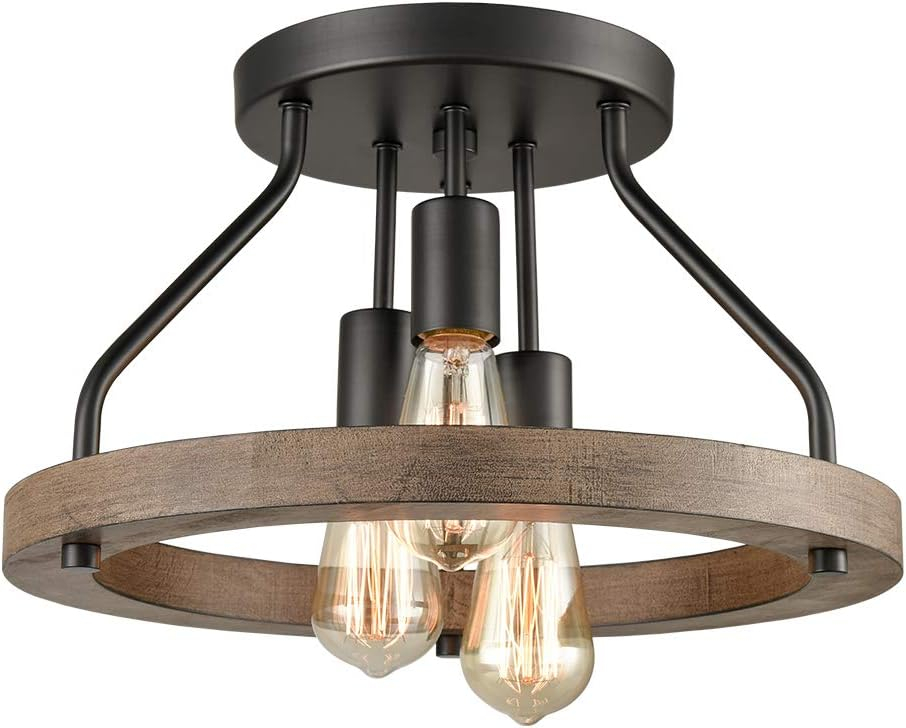Farmhouse Flush Mount Ceiling Light Black Metal Lighting with Wood Grain Finish