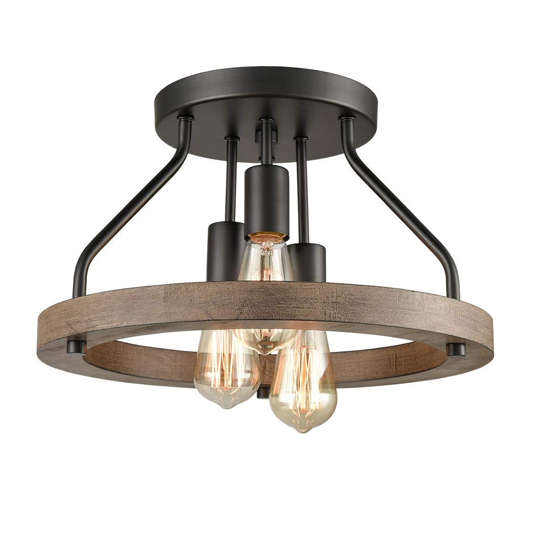 Farmhouse Flush Mount Ceiling Light Black Metal Lighting with Wood Grain Finish
