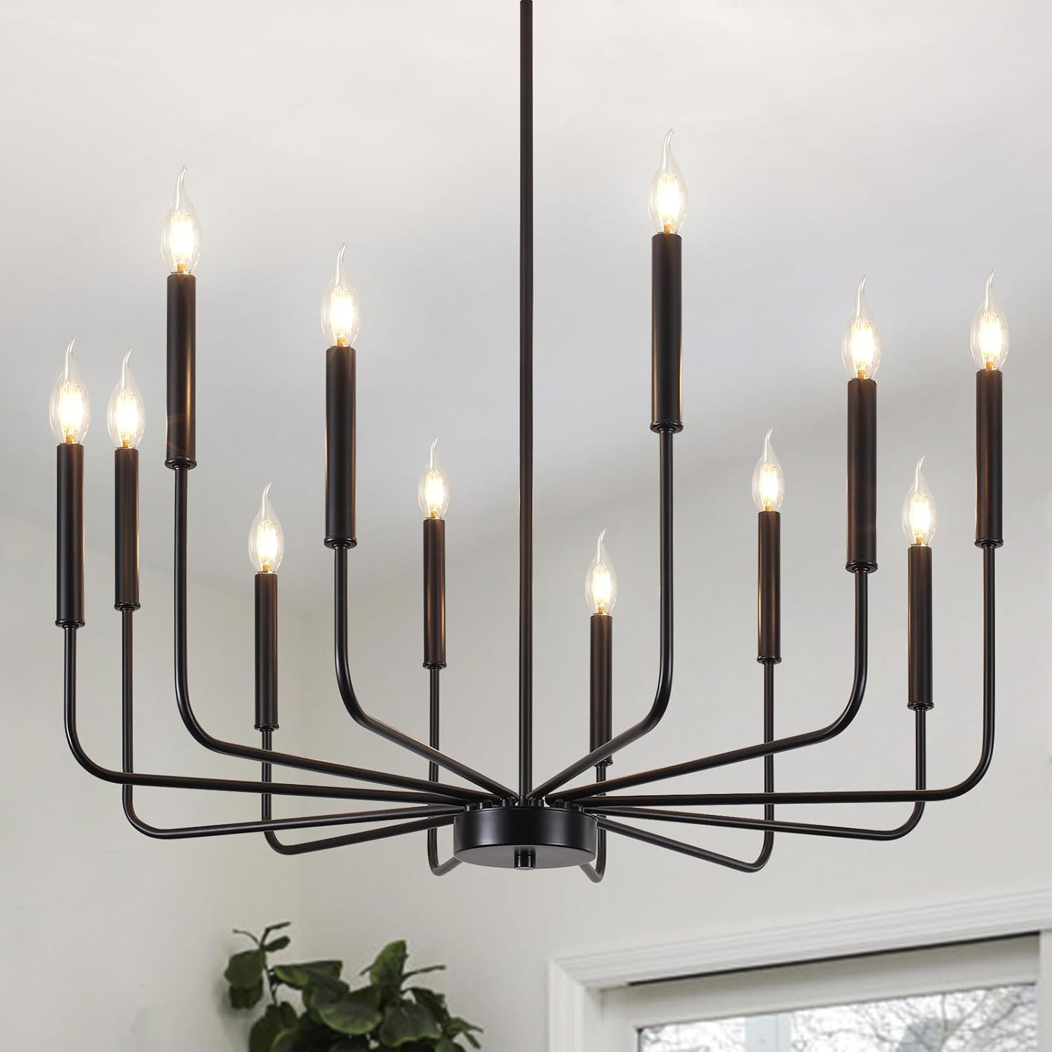 Vikaey Metal Black Chandelier, 12-Light Farmhouse Classic Candle Ceiling Hanging Light Fixture, Rustic Pendant Lighting for Kitchen Island, Dining Room, Living Room, Stair, UL Listed