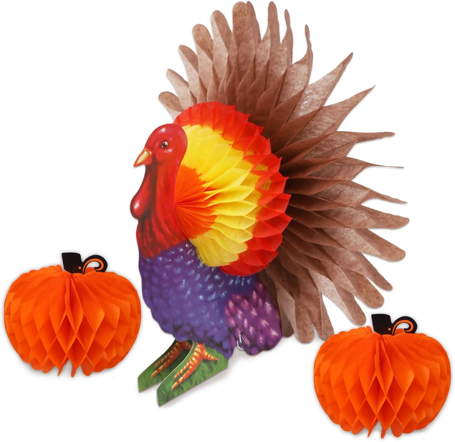 FORUP Thanksgiving Tissue Turkey Decorations - Turkey Pumpkin Centerpiece with Artificial Maple Leaves for Harvest Party Table Accessories