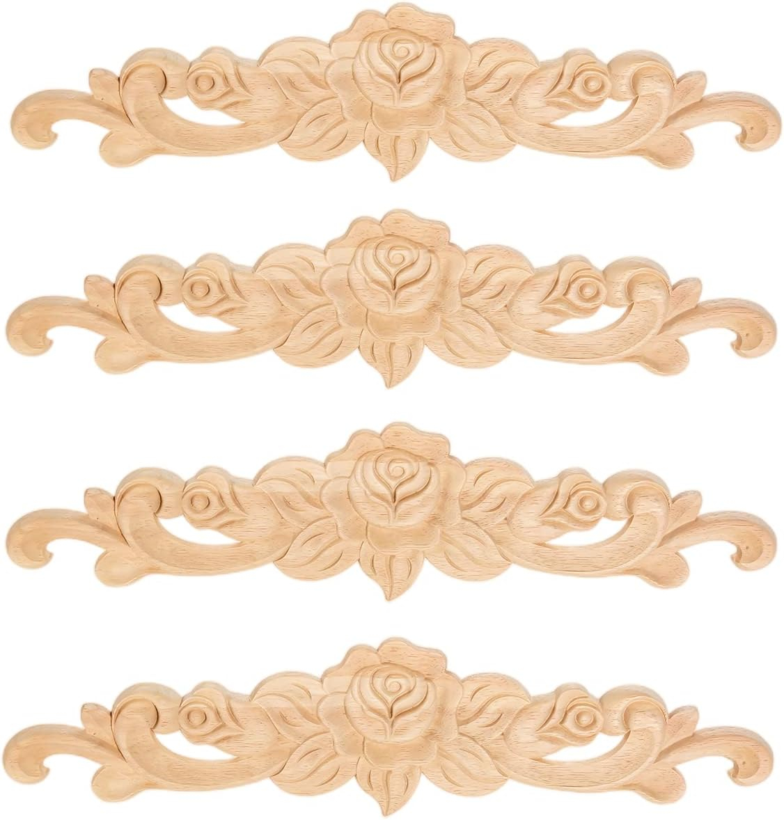 MUXSAM 4Pcs Rose Wood Carved Onlays Decorative Appliques, Unpainted Long Center Carving Decal for Door Wall Ceiling Cabinet Dresser Mirror Bed Mantel Bench Fireplace Decor, 20x5cm/7.87"x1.97"