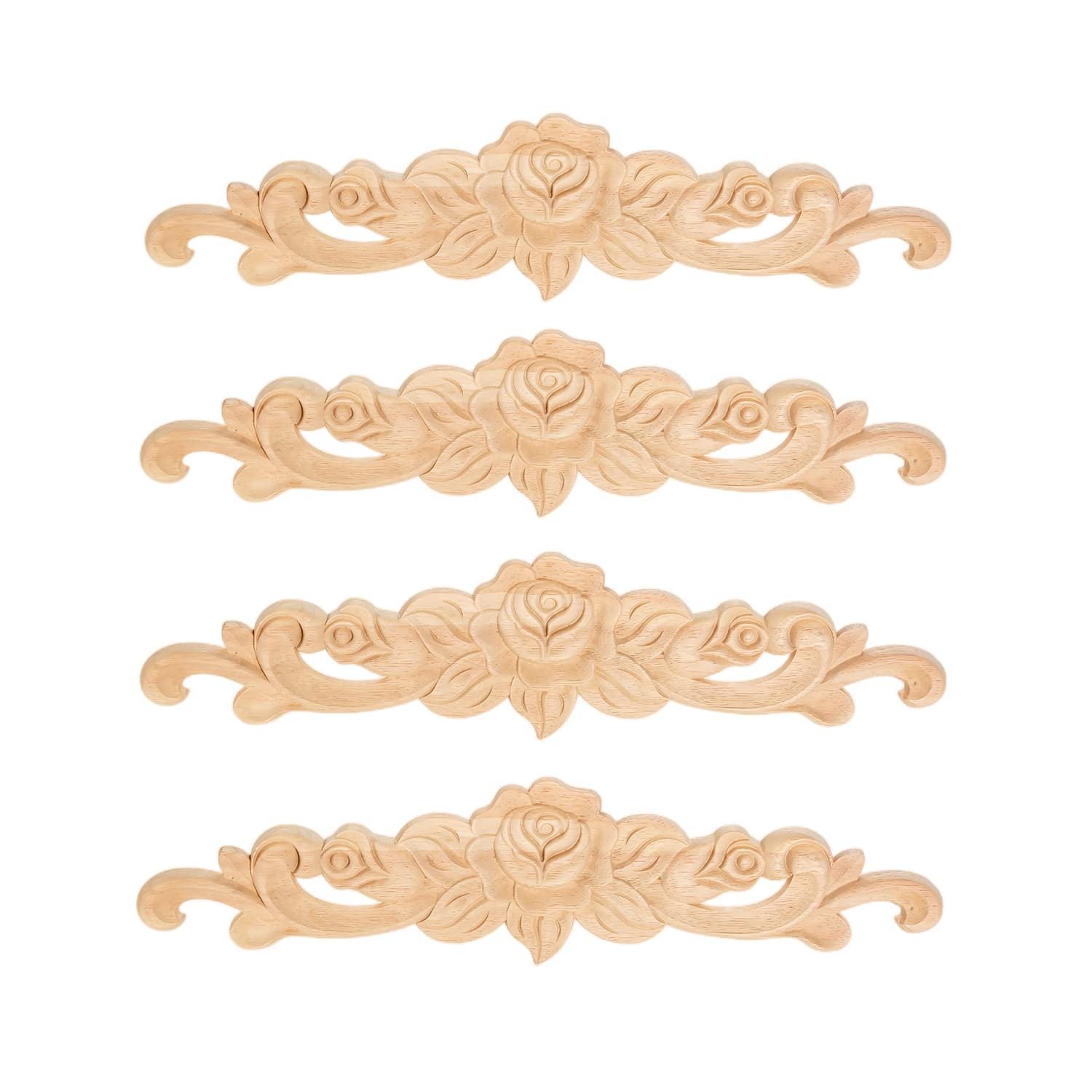 MUXSAM 4Pcs Rose Wood Carved Onlays Decorative Appliques, Unpainted Long Center Carving Decal for Door Wall Ceiling Cabinet Dresser Mirror Bed Mantel Bench Fireplace Decor, 20x5cm/7.87"x1.97"