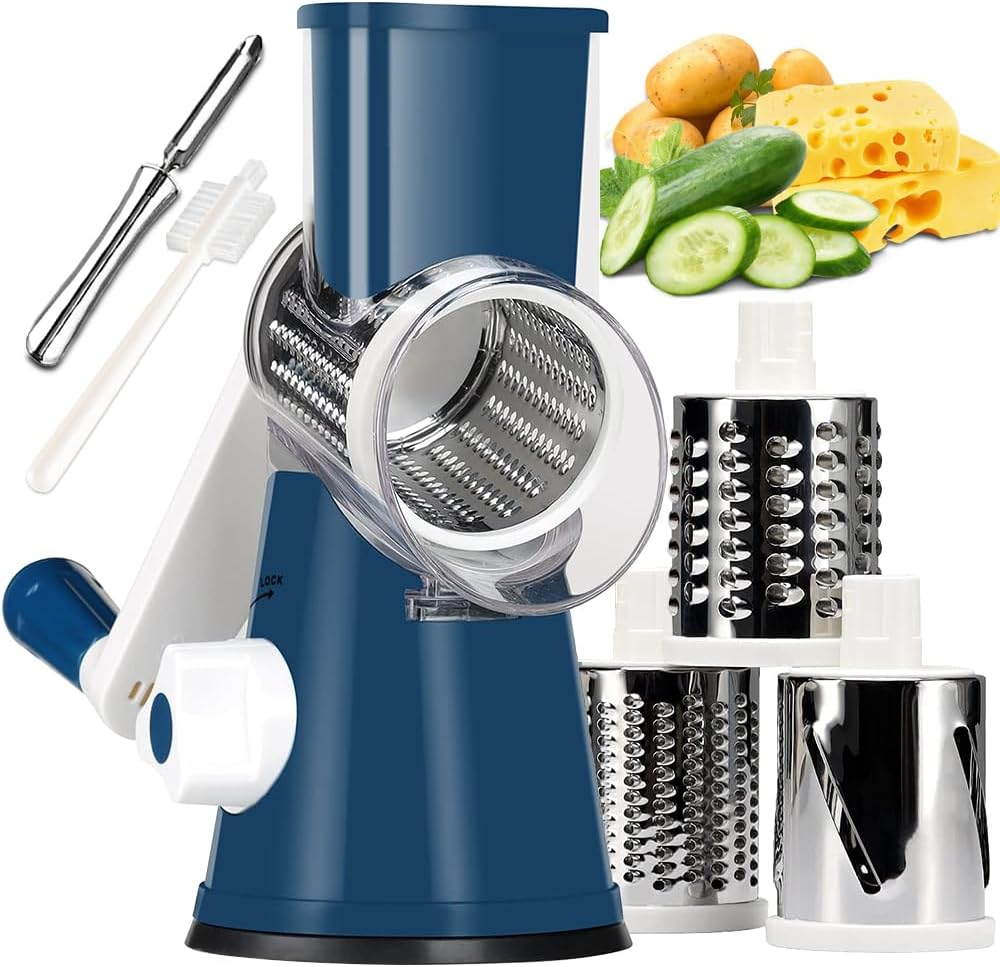 TURTM  KEOUKE Rotary Cheese Grater with Ergonomic Handle - Effortless Slicing & Grating for Cheese  Potatoes  Zucchini  Nuts & Chocolate - 3 Interchangeable Stainless Steel Blades - Versa