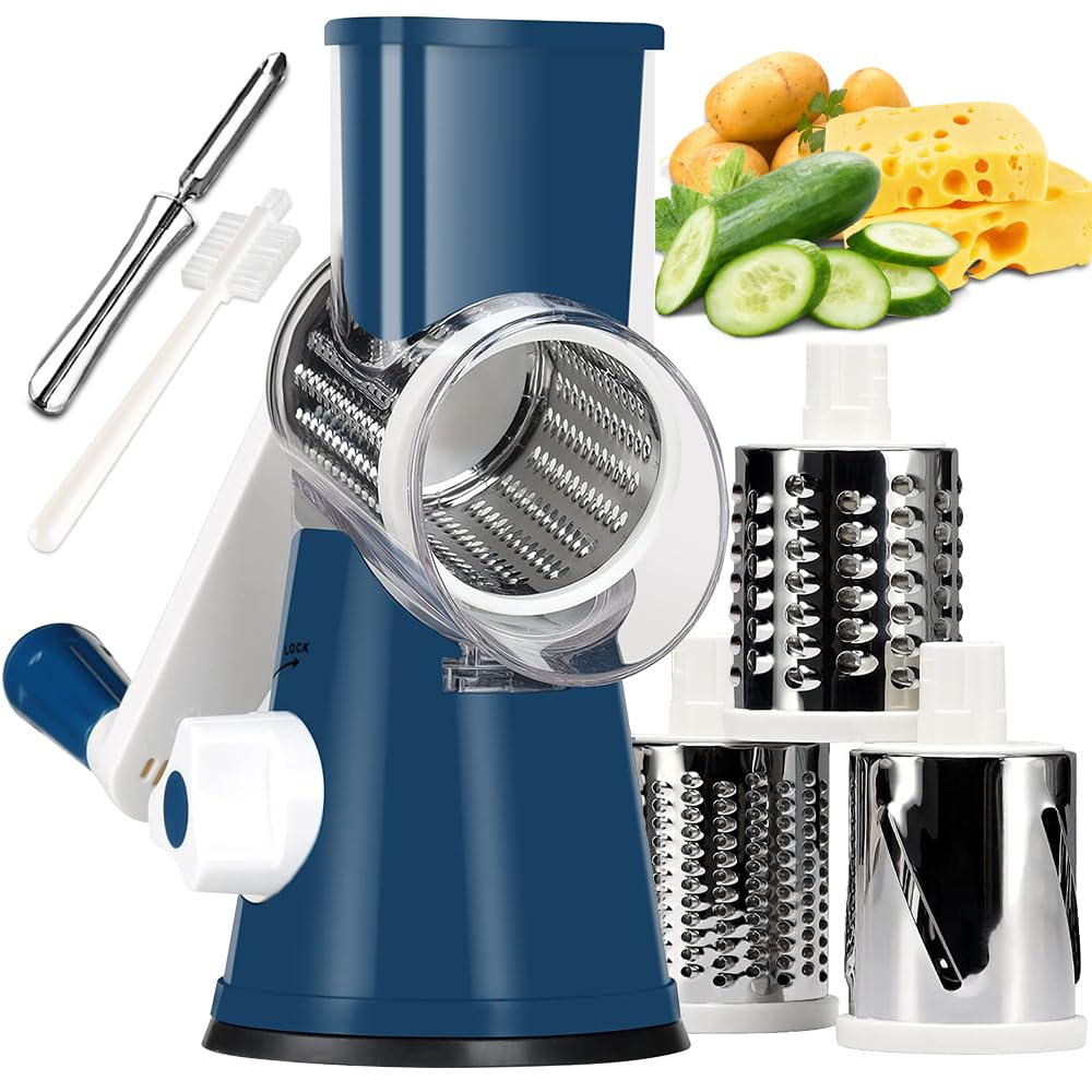 TURTM  KEOUKE Rotary Cheese Grater with Ergonomic Handle - Effortless Slicing & Grating for Cheese  Potatoes  Zucchini  Nuts & Chocolate - 3 Interchangeable Stainless Steel Blades - Versa