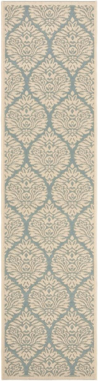 SAFAVIEH Beach House Lennox Damask Indoor/Outdoor Runner Rug Aqua/Cream, 2' x 8'