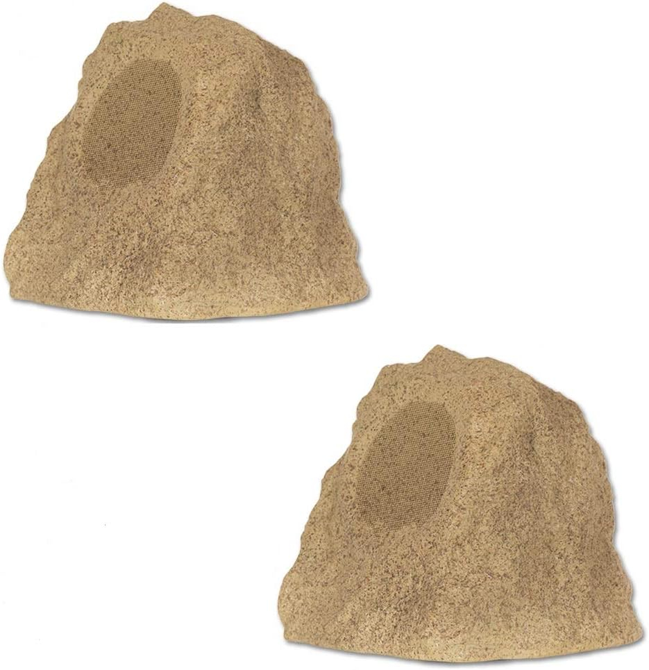 Theater Solutions by Goldwood B42S Wireless Rechargeable Bluetooth Outdoor Rock Speaker System – Sandstone, Set of 2, 120 Watts