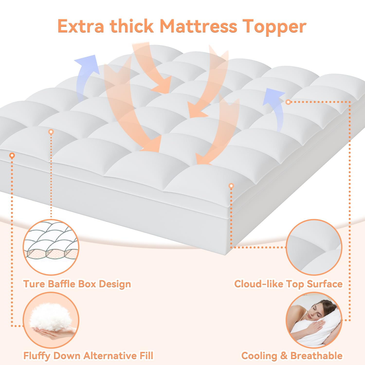 Queen Mattress Topper for Back Pain Relief, Extra Thick Pillow Top Plush Mattress Pad with Deep Pocket, Soft Pillowtop Queen Size Bed Toppers Filled Fluffy Down Alternative, White