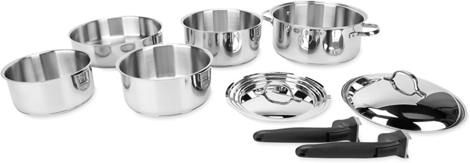Camco Stainless Steel Nesting Cookware Set- Non Stick Pans and Pots with Removable Handles, Space Efficient Excellent for RVs and Compact Kitchen, 10-Piece Set (43921)