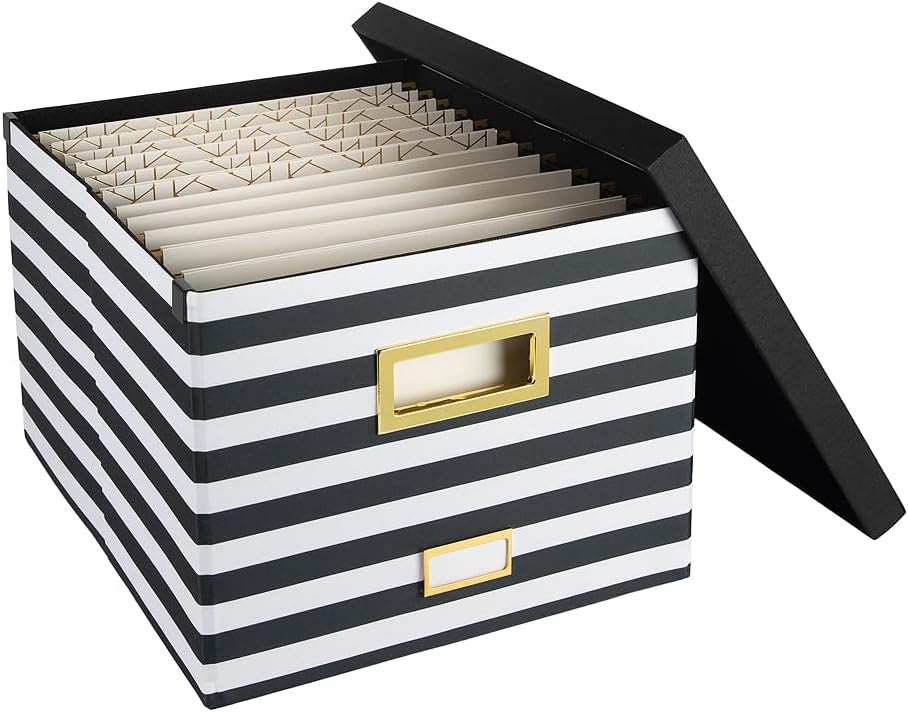 BLU MONACO Paper Organizer Storage, Portable File Box With Handle, Decorative Hanging File Box With Lid, Black and White Striped Legal-Letter Size File Folder Organizer