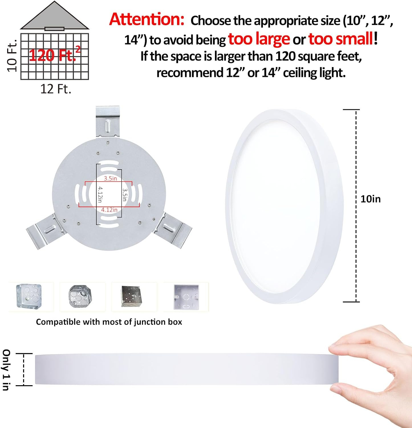 10 Inch LED Flush Mount Ceiling Light, Slim Dimmable Round Ceiling Light Flush Mount for Kitchen, Bedroom, Metal and Glass, Low Ceiling, White, 17W, 3000K